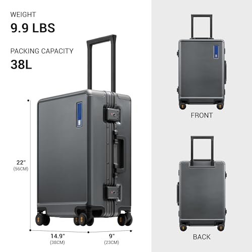 LEVEL8 Zipperless Carry On Luggage Airline Approved with Aluminum Frame, Hard Shell Suitcase with Spinner Wheels, Metal Checked Luggage with Double Tsa Locks, 20 Inch, Grey