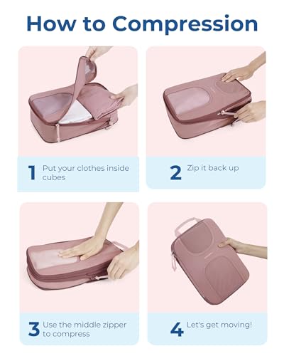 BAGSMART Compression Packing Cubes for Travel, 6 Set Packing Cubes for Suitcases, Lightweight Suitcases Organizers Bag Set & Compression Cubes, Travel Essentials Packing Organizers Dusty Pink