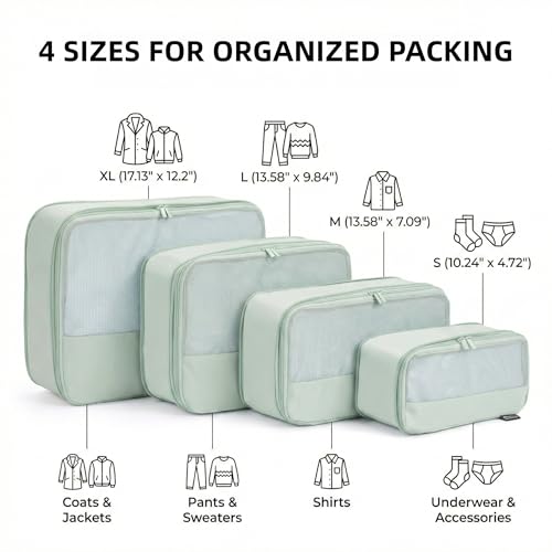 SOARSAIL 4 Piece Compression Packing Cubes for 3–7 Day Travel, Lightweight Travel Organizers with Breathable Mesh, Double-Zipper Packing Cubes for Carry-On & Suitcases (Light Green)