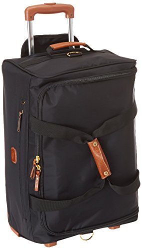 Bric’s X-Bag 21” Rolling Duffel – Water-Resistant Recycled Nylon Carry-On with Silent Wheels, Leather Details, Exterior Zipped Pocket, Garment Straps & Detachable Shoulder Strap – Black