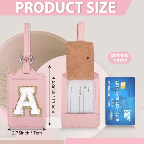Personalized Initial Luggage Tags for Suitcases, Leather Chenille Letter Cute Luggage Tags with Privacy Name Card, Embroidered Travel Bag Backpack Tag Gifts for Women Kids Girls Teens(Pink-A)