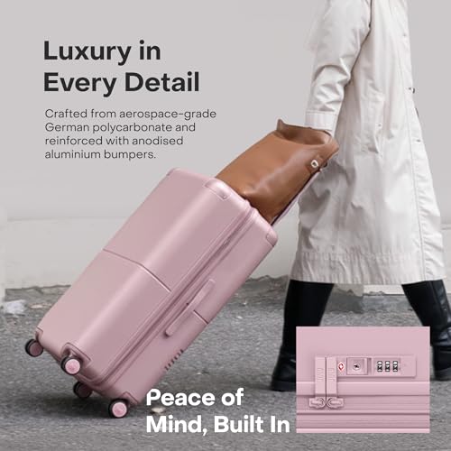July Checked Plus Expandable - 28.75" Airline Approved Check In Luggage with Wheels, Rolling Suitcase for Men & Women - TSA Lock, Silent Spinner Wheels, Expansion Zip, Y-Strap - Blush Pink