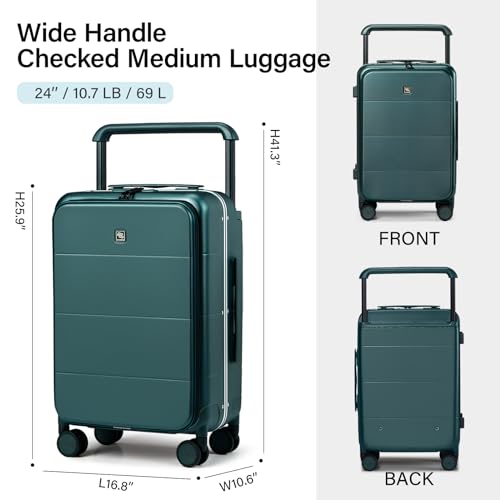 Hanke Wide Handle Luggage, 24 Inch Suitcase with Front Pocket, Top Open PC Hard Shell Suitcases with Spinner Wheels,Trunk Style Zipperless Aluminum Luggages Large Checked In(Blackish Green, 69L)