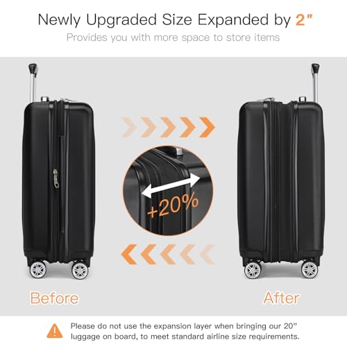 Kono Small 20 Inch Expandable Carry On Luggage with Quiet Spinner Wheels & TSA Lock, Scratch and Drop Resistant PC+ABS Hardside 22x14x9 Airline Approved Suitcase, Black