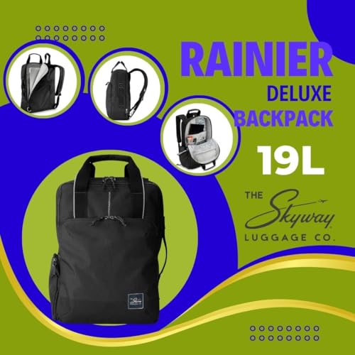 Skyway Luggage Rainier Deluxe Backpack, Eco-Friendly, Made of 100% rPET Travel Laptop Bag for Women & Men, Flight Approved Carry On Backpack, 17L, Crater Black