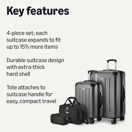 Amazon Basics 4-Piece Luggage Set, Hardside Suitcases with Spinner Wheels (22" Carry On & 28" Checked), Tote Bag & Travel Bag, Black