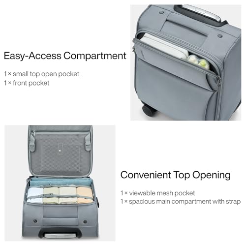 Hanke 16 Inch Underseat Carry On Luggage with Spinner Wheels for Airline, Small Softside TSA Approved Luggage Lightweight Rolling Suitcases Under Seat Travel Carry-On Bag(Grey)
