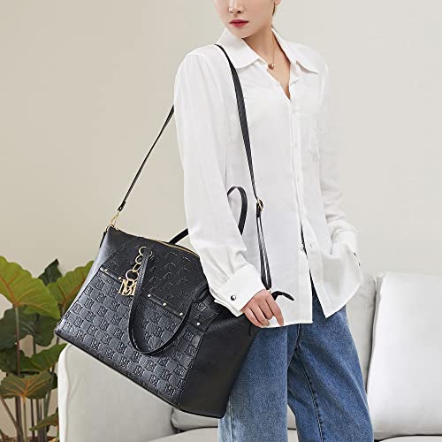 Badgley Mischka Caroline Weekender Travel Bag for Women, Vegan Leather Duffel Tote with Trolley Sleeve, Monogram Design, Carry On Overnight Bag (Black)