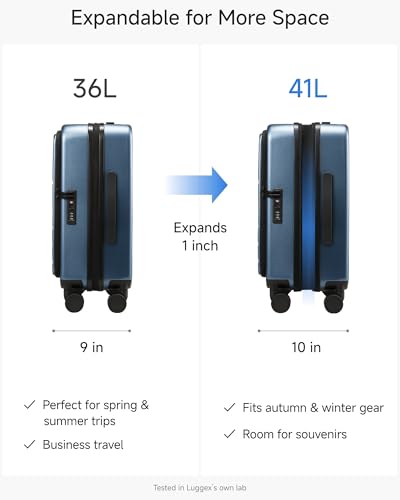 LUGGEX Carry On Luggage Top Opening, Expandable Polycarbonate Hard Shell Suitcase with Wheels (FX-Core, Blue, 20 Inch, 36L-41L)