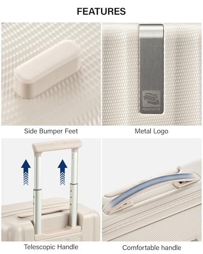 Hanke Upgraded Elite 20 Inch Carry On Luggage 22x14x9 Airline Approved,PC Hard Shell Suitcases with Wheels, TSA Lock, Explosion-Proof Zipper Suitcase for Business Travel Men & Women,Ivory White