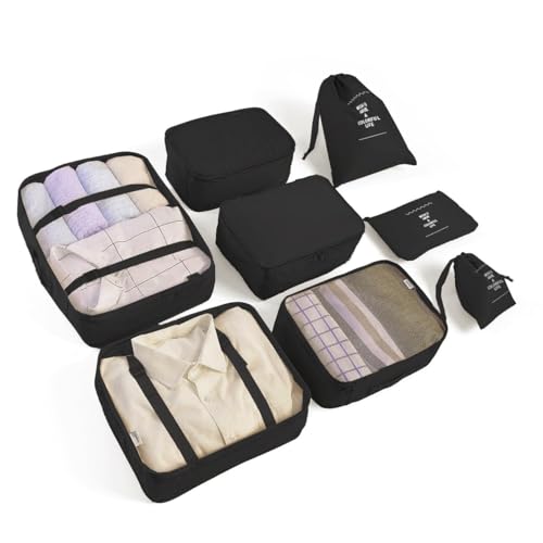 8 Set Packing Cubes for Suitcases Travel Luggage Packing Organizers,Travel Essentials Accessories Luggage Organizer with Shoe Bag Tioletry/Laundry Bag(Black)