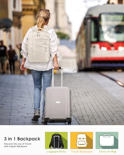 Capolo Travel Backpack for Women Men Waterproof Laptop Backpack Airlines Approved Carry On Backpack Bag Computer Bookbag for Business, Work, Traveling Fits 15.6 Inch Laptop(Beige)