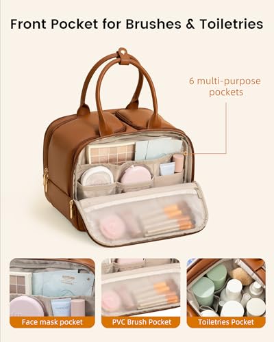 LOVEVOOK Travel Toiletry Bag for women, Leather Large Wide-open Makeup Bag, Waterproof Cosmetic Bag Organizer for Shower, Traveling, Toiletries, Bathroom