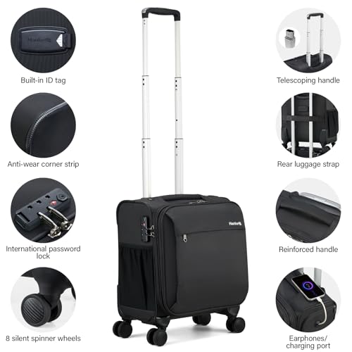 Hanke 16 Inch Underseat Carry On Luggage with Wheels Small Suitcase Softside Luggage Bags, 17.5 Foldable Lightweight Personal Item Travel Bags for Women Men（Black）