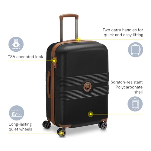 DELSEY PARIS Flanerie SE - Hardside Checked In Luggage 24 Inch - 360° Dual Spinner Wheels - TSA Lock - Lightweight Polycarbonate Travel Suitcase with Vegan Leather, Black