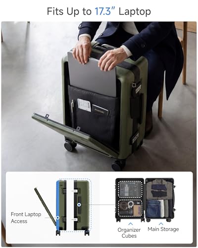 LUGGEX 21 Inch Zipperless Carry On Luggage - HUP Pro Front Opening Compartment Suitcase with Spinner Wheels, 38L Capacity, TSA Locks, Airline Approved for Business Travel(ZX-Pro, Olive Green)