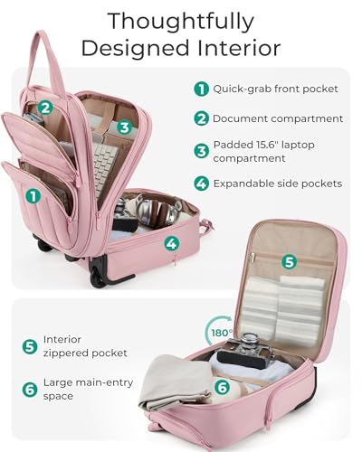 BAGSMART Small Underseat Carry on Luggage with Wheels, 16 inch Small Under Seat Luggage, Lightweight Travel Suitcase for Women, Baby Pink