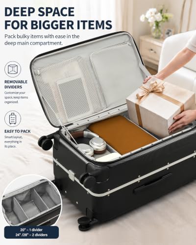 Hanke 24 Inch Top Opening Medium Suitcase, Aluminum Frame Hard Shell Suitcases with Wheels, TSA Lock, Large Storage Travel Luggage with Removable Divider & Toiletry Bag (Jet Black)