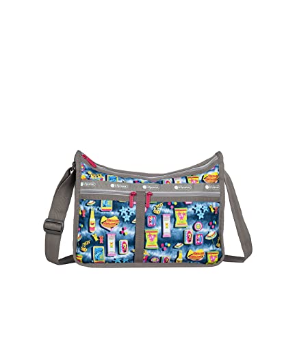 LeSportsac Beach Snacks Deluxe Everyday Crossbody Bag + Cosmetic Bag, Style 7507/Color F949, Vibrant Pop Art Style Beachy Graphics: Hot Dogs, French Fries & Tropical Drinks, Unique Hot Pink Zip Pull