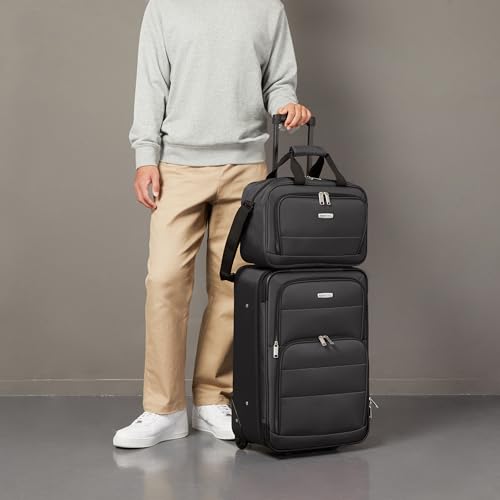Amazon Basics Softside Luggage Set, 23-Inch Expandable Suitcase with Wheels and 15-Inch Tote, Extra Space (+15%), Front Pockets, Telescopic Handle, Black