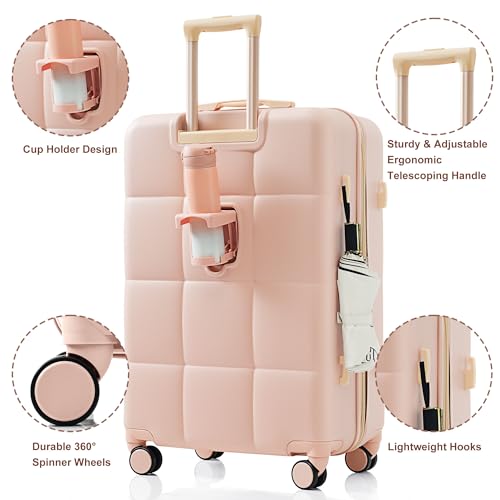 Merax 3 Piece Luggage Set with Cup Holder ABS Hardshell Lightweight Suitcase Sets Spinner Wheels Suitcase with TSA Lock, 20 Inch Airline Certified Carry-on Luggage, 20" 24" 28", Pink
