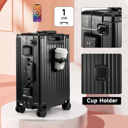 MYER Hard Shell Carry On Luggage 22x14x9 Airline Approved,20 Inch Aluminum Luggage with 100% 3-Layer PC,Carry On Suitcases with Wheels,Cup Holder and USB Port