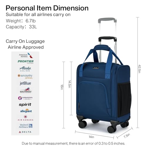 MILADA Underseat Carry On Luggage with Wheels, Airline Approved 16-inch Spinner Small Suitcase, Softside Travel Luggage, Personal Item Overnight Bag, Business Mini Suitcase for Women and Men, Blue