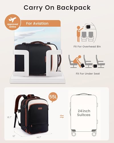 LOVEVOOK Carry On Travel Backpack For Women Flight Approved, 55L Personal Item Travel Bag Flight Approved, TSA Travel Bag Fit 18 Inch Laptop, Weekender Overnight Waterproof Daypack with 2 Cubes