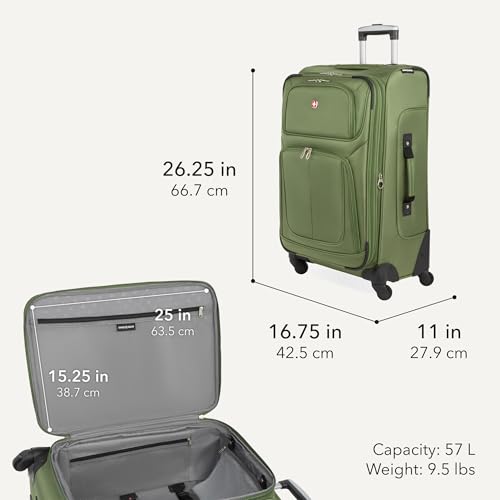 SWISSGEAR Sion Softside Expandable Spinner Luggage Durable Lightweight Travel Suitcase, Evergreen, Checked-Medium