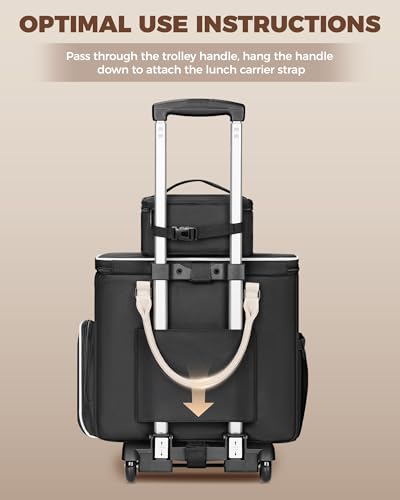 Ytonet Rolling Laptop Bag with Insulated Lunch Box, 15.6 In Rolling Briefcase for Women with Large Cup Holder, Detachable Trolley Roller Underseat Bags for Work, Office, Teacher, Travel, Black Beige