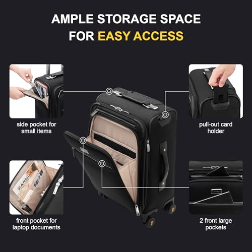 LEVEL8 Carry On Luggage with Compartment, 20 Inch Softside Expandable Travel Suitcase with Spinner Wheels, Top Opening Luggage, Men and Women, Black