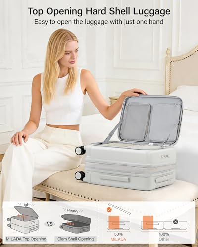 MILADA 20-Inch Expandable Carry On Luggage, Hard Shell Top-Opening Luggage with Wheels, TSA-Approved Small Travel Bag for Men and Women Carry-On Suitcase, White