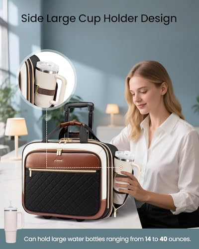 LOVEVOOK Rolling Laptop Bag Women, 17.3 Inch Laptop Briefcase with Wheels, Soft Sided Underseat Carry On Luggage Personal Item Suitcase for Work Travel Business, Black Brown Beige
