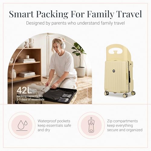 RAINRO & CO Butter Beige 20" Ride-On Suitcase for Kids (Ages 3–5), Carry-On Luggage with Seat, Spinner Wheels, TSA Lock & Lightweight Durable Hardshell