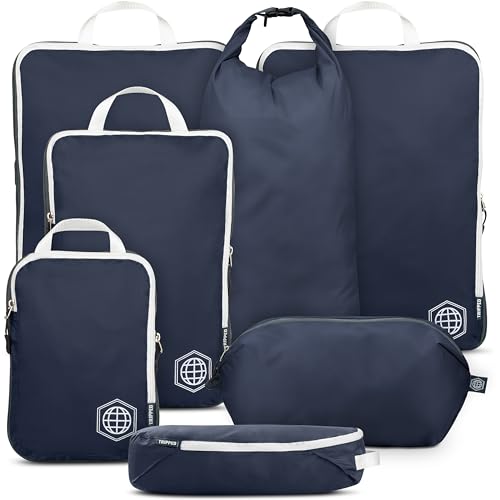 Large Compression Packing Cubes for Travel-Packing Cube Luggage Organizers 7 Piece Set for Checked Luggage-Ultralight, Expandable/Compression Bags by TRIPPED Travel Gear (Navy/White)