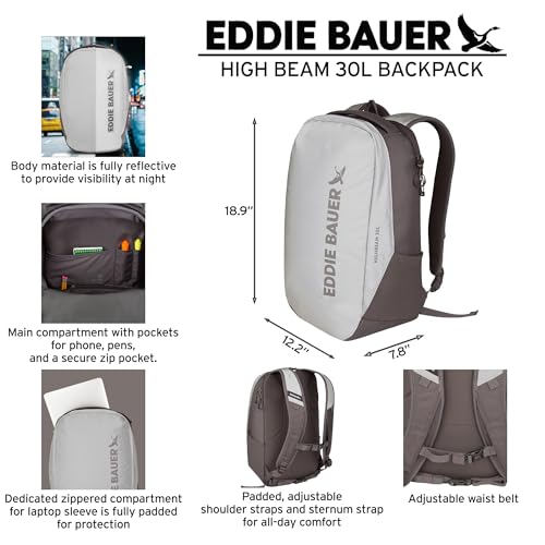 Eddie Bauer High Beam Backpack | Travel | Daypack | Commuter | Laptop Sleeve | Reflective | Outdoor | 30L Volume | Silver