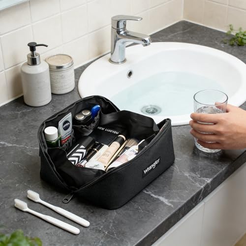 Wrangler Travel Toiletry Bag for Men & Women, Large Capacity Makeup Organizer with 4 Pockets, Water-Resistant Nylon, 180° Lay-Flat Cosmetic Bag with Handle & Double Zipper for Travel, Bathroom & Gym