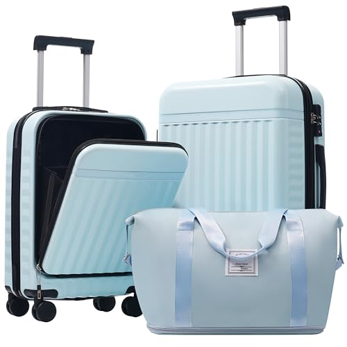 Merax Luggage Sets 3 Piece, Hardside Carry On Suitcase with Front Open,USB Port&Spinner Wheels, Lightweight Durable Luggage for Travel | TSA Lock, Expandable Suitcase Set for Men and Women,Light Blue