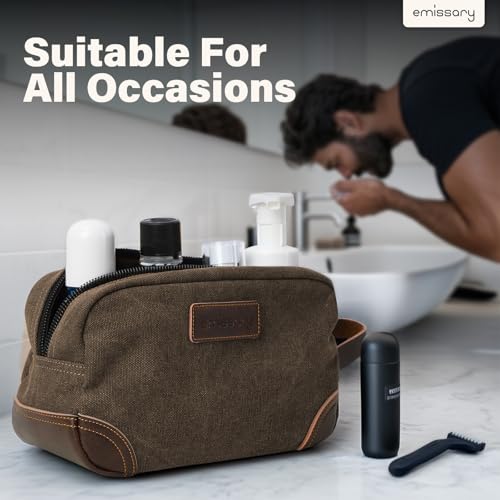 emissary Men's Toiletry Bag, Leather and Canvas Travel Toiletry Bag, Dopp Kit for Men, Travel Bathroom Bag Men's Shaving Kit, Travel Kit Small Bags for Men, Shaving Bag for Travel Accessories (Coffee)
