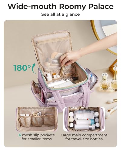 BAGSMART Toiletry Bag for Women with Dual-Padded Handles, Puffy Lightweight Makeup Bag for Makeup Accessories, Brushes Set, Travel-Sized Container, Camel