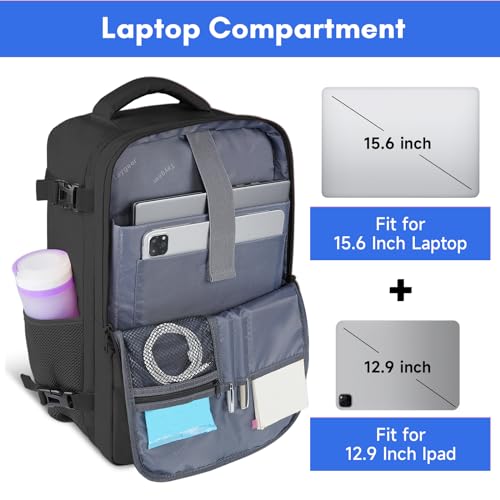 Taygeer Travel Laptop Backpack for Men Women, Airplane Approved Travel Backpack Suitcase with Water Bottle Pocket, Lightweight College 35l Luggage Bag 15.6inch Laptop Mochila Gifts for Business,Black