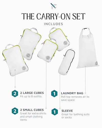 Compression Packing Cubes for Travel, 6-Piece Lightweight Packing Cubes Set for Carry-On Luggage & Backpacks – TRIPPED Travel Gear (White and Green)