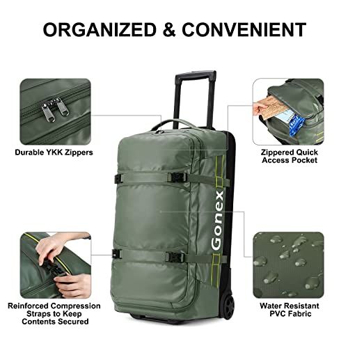 Gonex Rolling Duffle Bag with Wheels, 70L Water Repellent Wheeled Travel Duffel Luggage with Rollers 25 inch, Olive Green