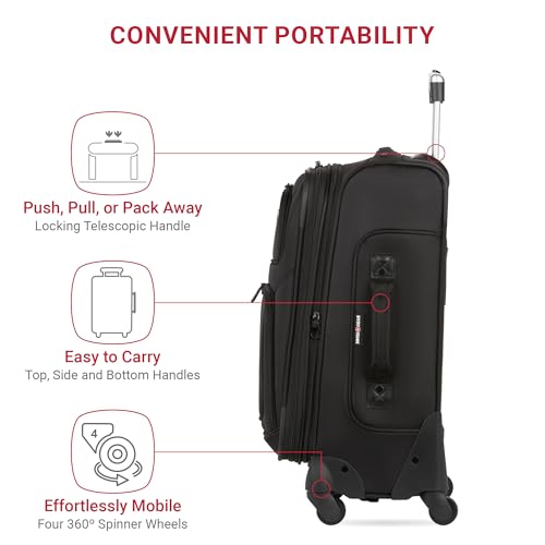 SWISSGEAR Sion Softside Expandable Spinner Luggage Durable Lightweight Travel Suitcase, Black, Checked-Medium