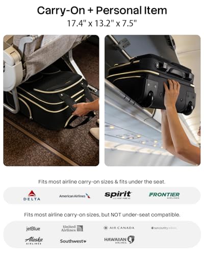 Arcoyard Underseat Carry On Luggage with Wheels, Multiple Compartments Airline Approved Personal Item Bag, Travel Carry-On with Leather Handle, Lightweight Rolling Suitcase for Women, Black Gold, L