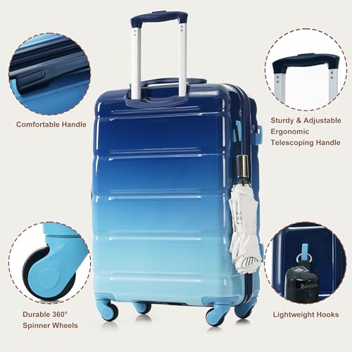 Merax 3 Piece Luggage Set ABS PC Hardside Lightweight Suitcase Sets Spinner Wheels Suitcase with TSA Lock, 20 inch Airline Certified Carry on Luggage with USB Port, 20" 24" 28", Gradient Blue