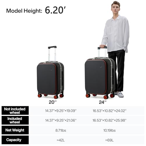 mixi Carry On Luggage, 20'' Suitcase with Front Pocket, Travel Rolling Luggage Aluminum Frame PC Hardside with Spinner Wheels & TSA Lock and Cover - Black