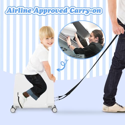 smilesun 20" Ride-On Travel Suitcase for Kids, Cute Ear Toddler Carry on Luggage with Spinner Wheels, Children Rolling Trolly Luggage with Combination Lock (Matte White with Rope)