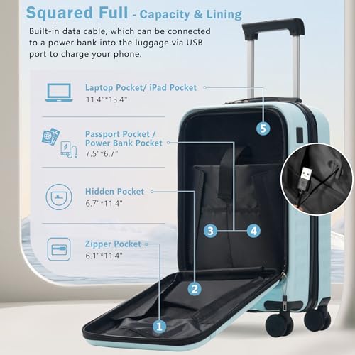 Merax Luggage Sets 3 Piece, Hardside Carry On Suitcase with Front Open,USB Port&Spinner Wheels, Lightweight Durable Luggage for Travel | TSA Lock, Expandable Suitcase Set for Men and Women,Light Blue
