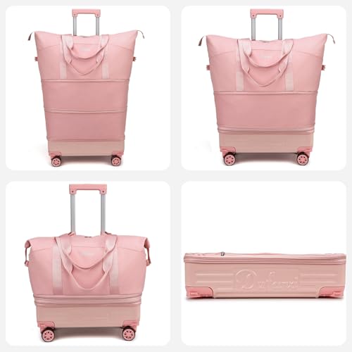 Dufanxi Expandable Rolling Travel Bag with Removable Wheels & Handle, Large Capacity Wheeled Duffle Tote, Foldable Carry On Luggage for Women, Lightweight Weekender Overnight Bag (Pink)